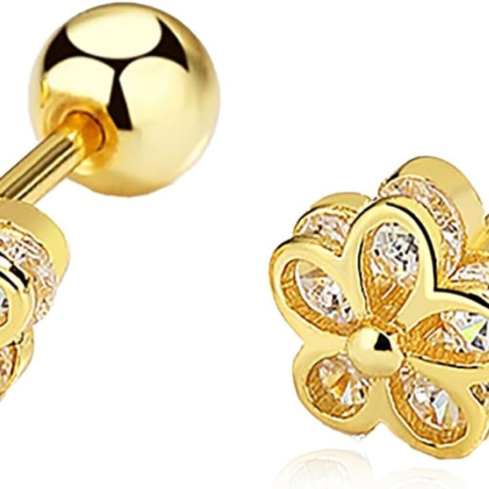 14K Gold Plated Sterling Silver Flower Stud Earrings Dainty CZ Jewelry